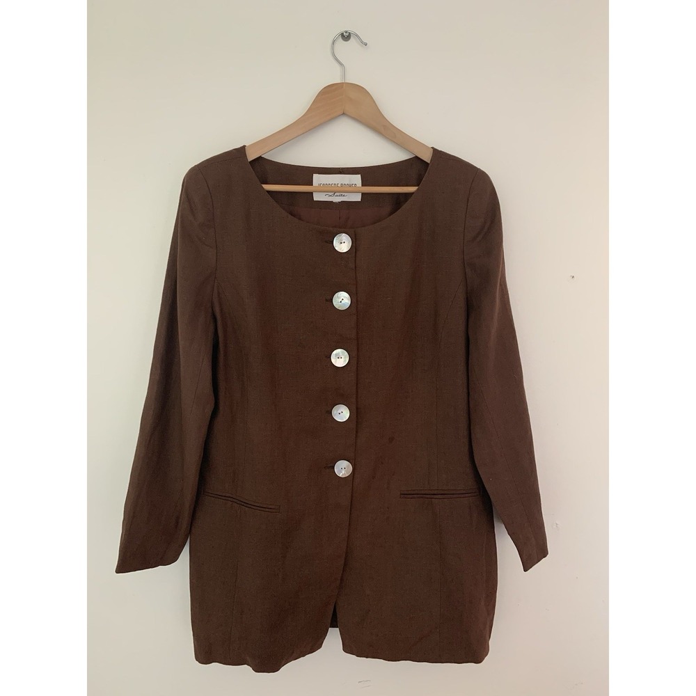 VGT Jeannene Booher Suits 100% Linen Chocolate Brown Blazer Pearl Buttons 80s